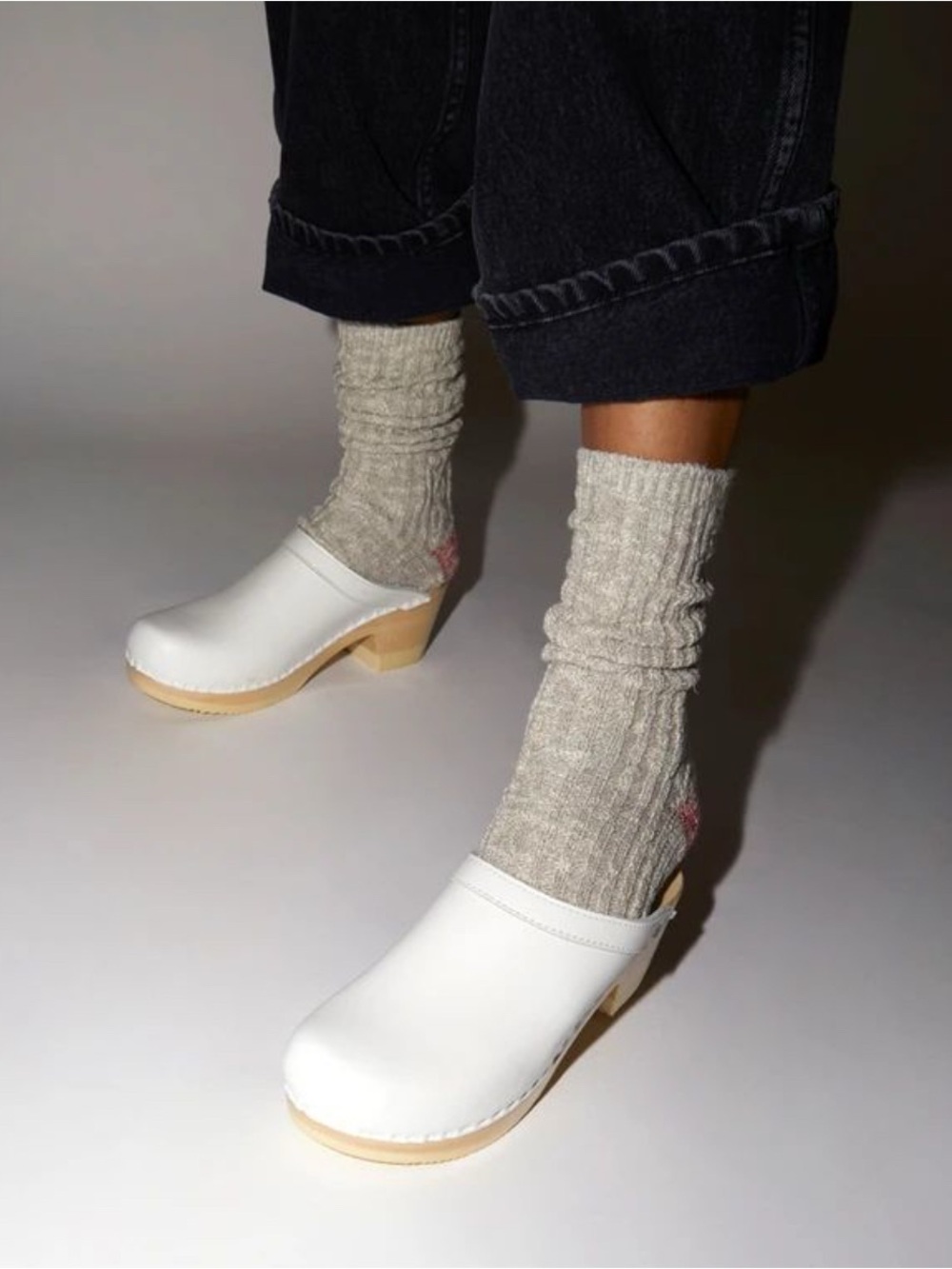 Jeffrey Campbell White Leather Clogs with Natural Wood Heel